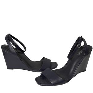 Brooks Brothers Leather Ankle-Strap Open-Toe Wedges Navy Blue Size 8.5